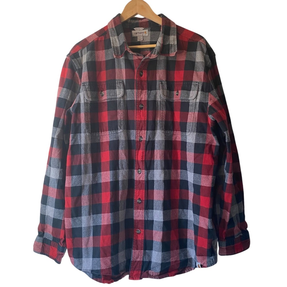 Carhartt Mens L Original Fit Red Plaid Button-Up Flannel Shirt Shacket Outdoors